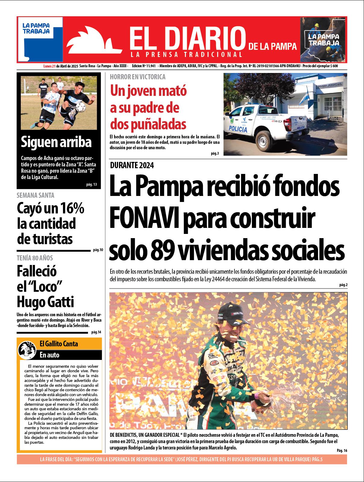 Tapa de El Diario en papel  lunes 21 de abril de 2025